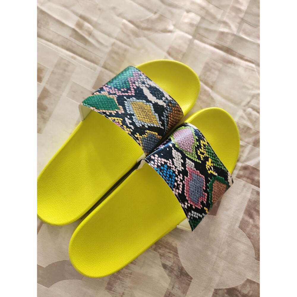 Women’s Bright Yellow Slide Sandals with Multicolor Snake-Print Strap